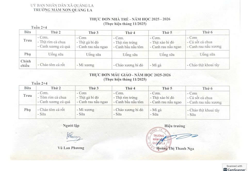 Trường Mầm non Quảng La trân trọng thông báo thực đơn Tuần 18, bảo đảm đầy đủ dinh dưỡng, an toàn thực phẩm, phù hợp với trẻ mầm non ăn bán trú.